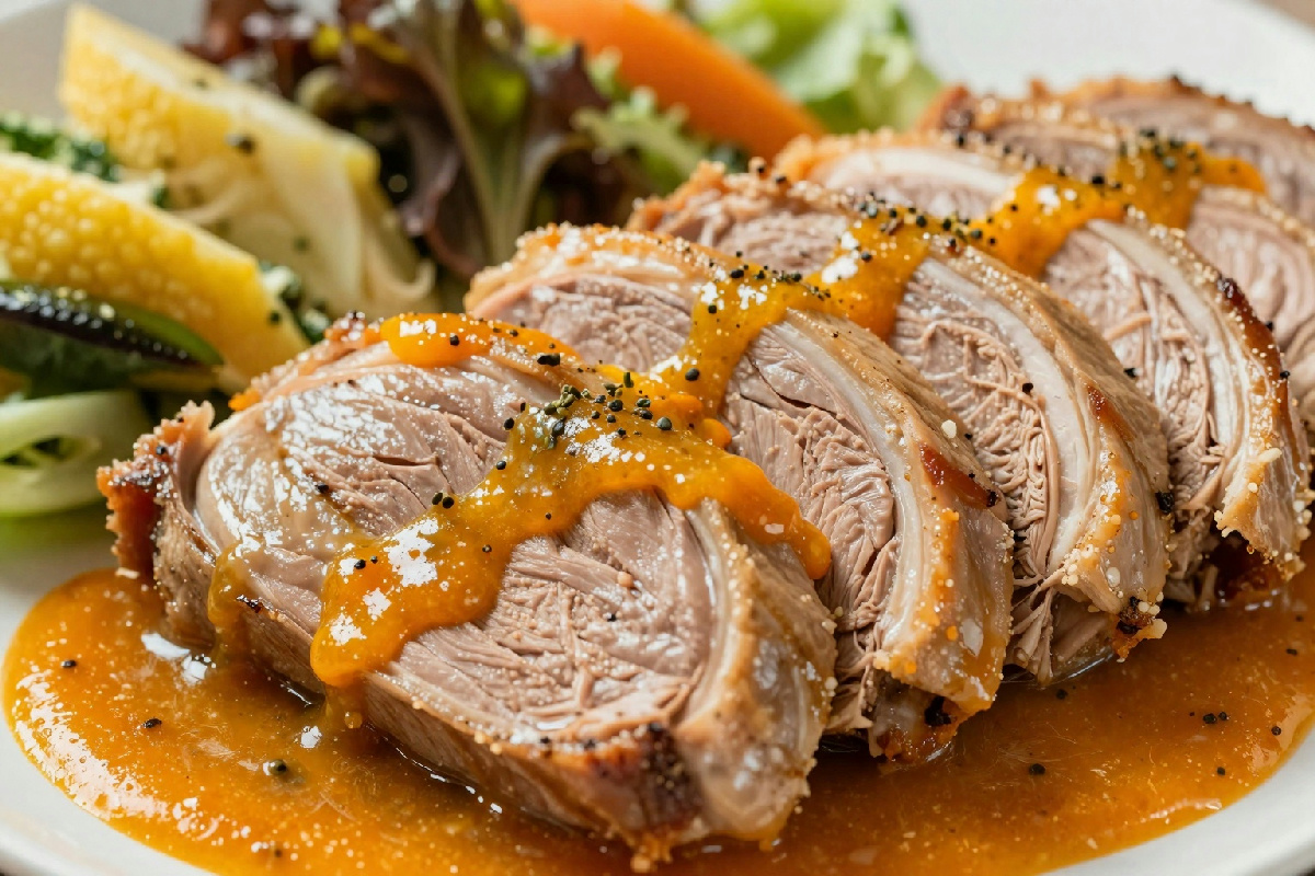 Petti d'anatra cucinati con salsa all'arancia e contorni di stagione per un piatto gustoso e raffinato